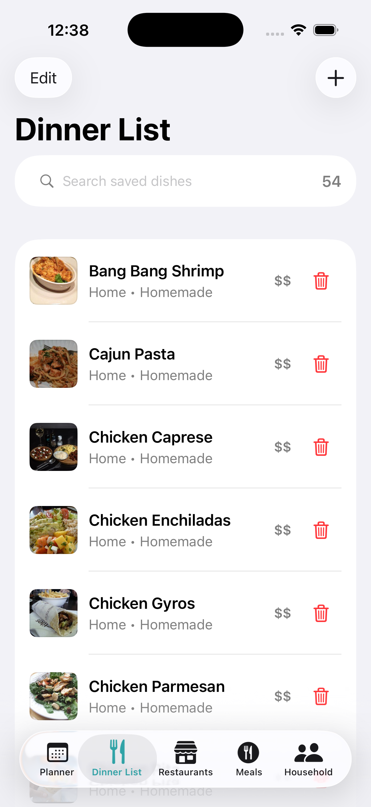 DishKeeper dinner list screen with saved dishes, edit controls, and dinner list navigation.