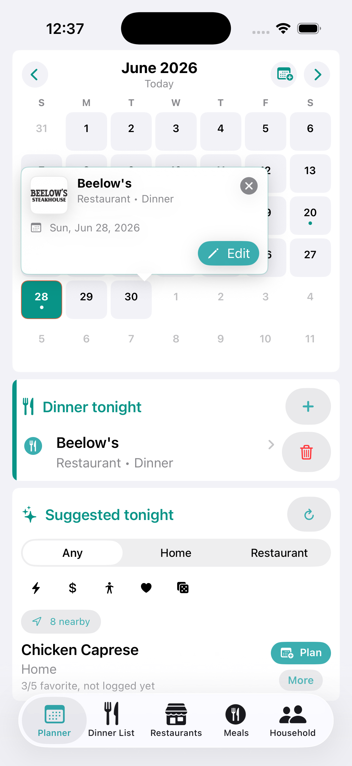 DishKeeper planner screen with the June calendar, dinner tonight card, and suggested meal panel.