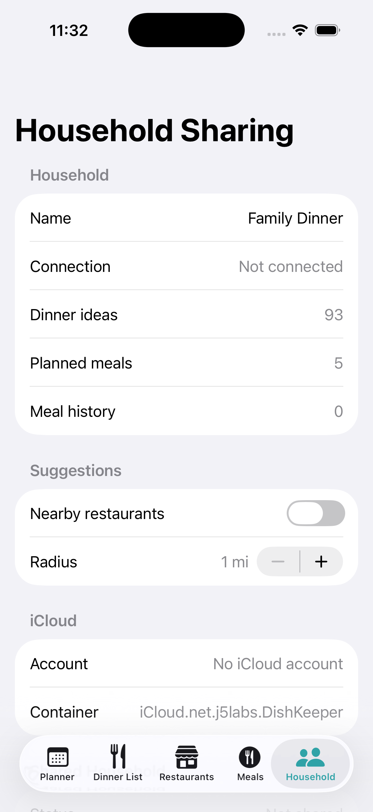 DishKeeper household sharing screen showing household details, iCloud status, and sharing controls.