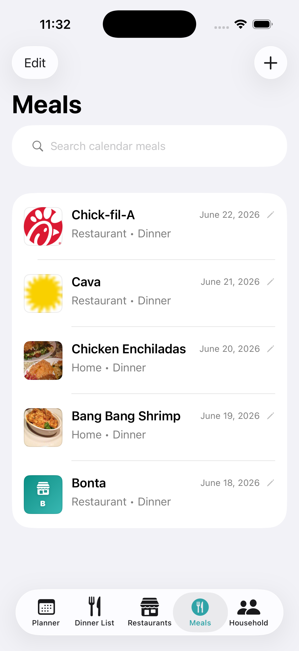 DishKeeper meals screen with recent dinners, dates, and meal navigation.