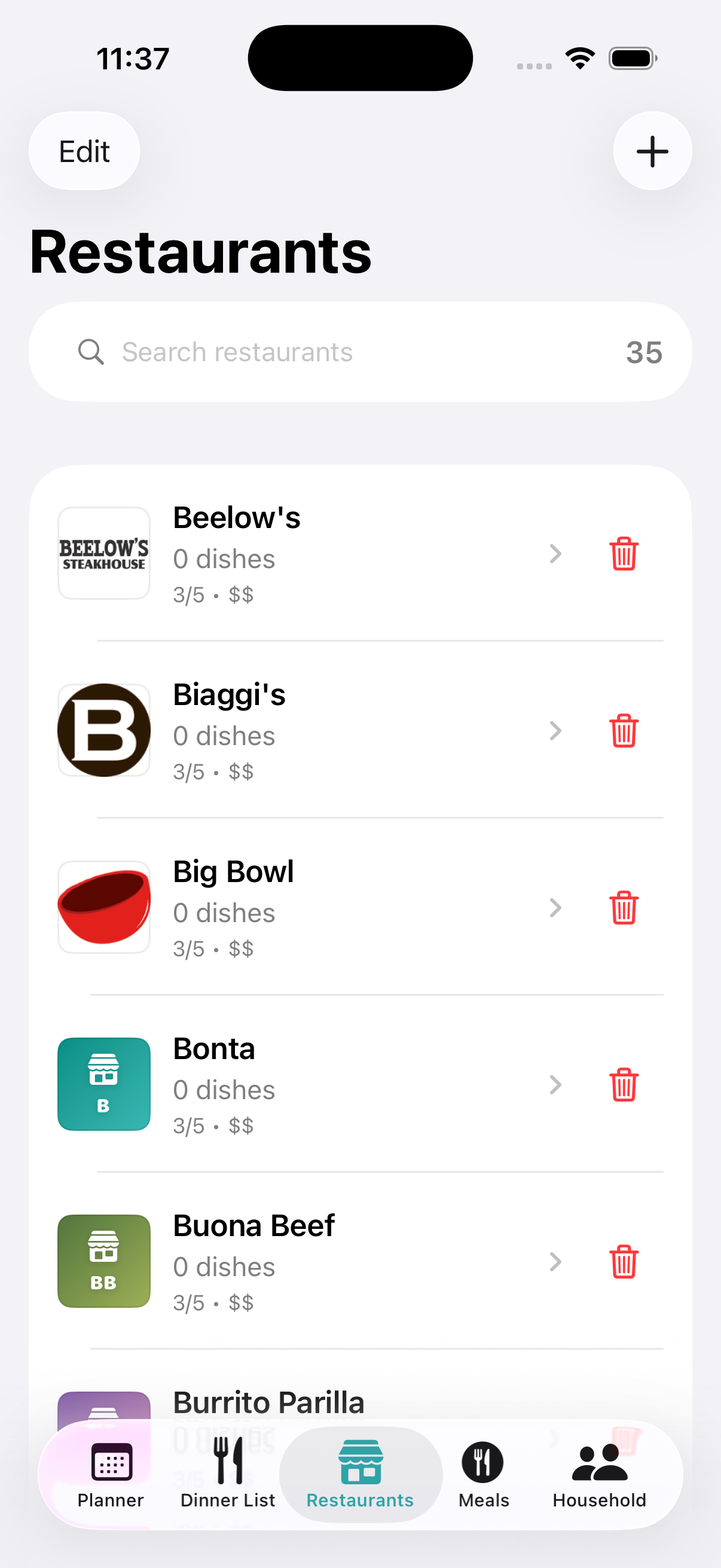 DishKeeper restaurants screen with search, saved restaurants, dish counts, ratings, and price levels.
