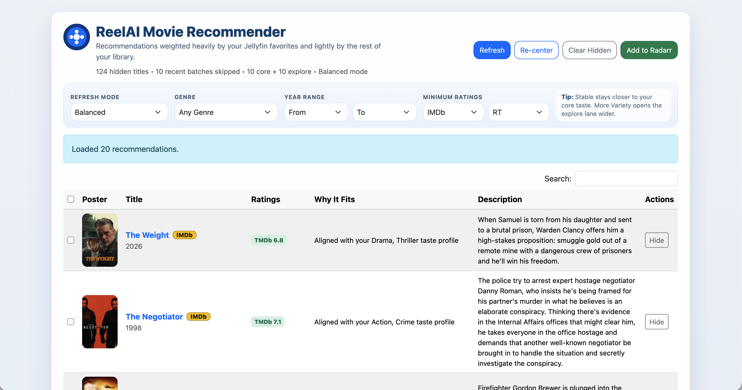 ReelAI Movie Recommender dashboard showing recommendation filters and movie recommendations for The Weight and The Negotiator.
