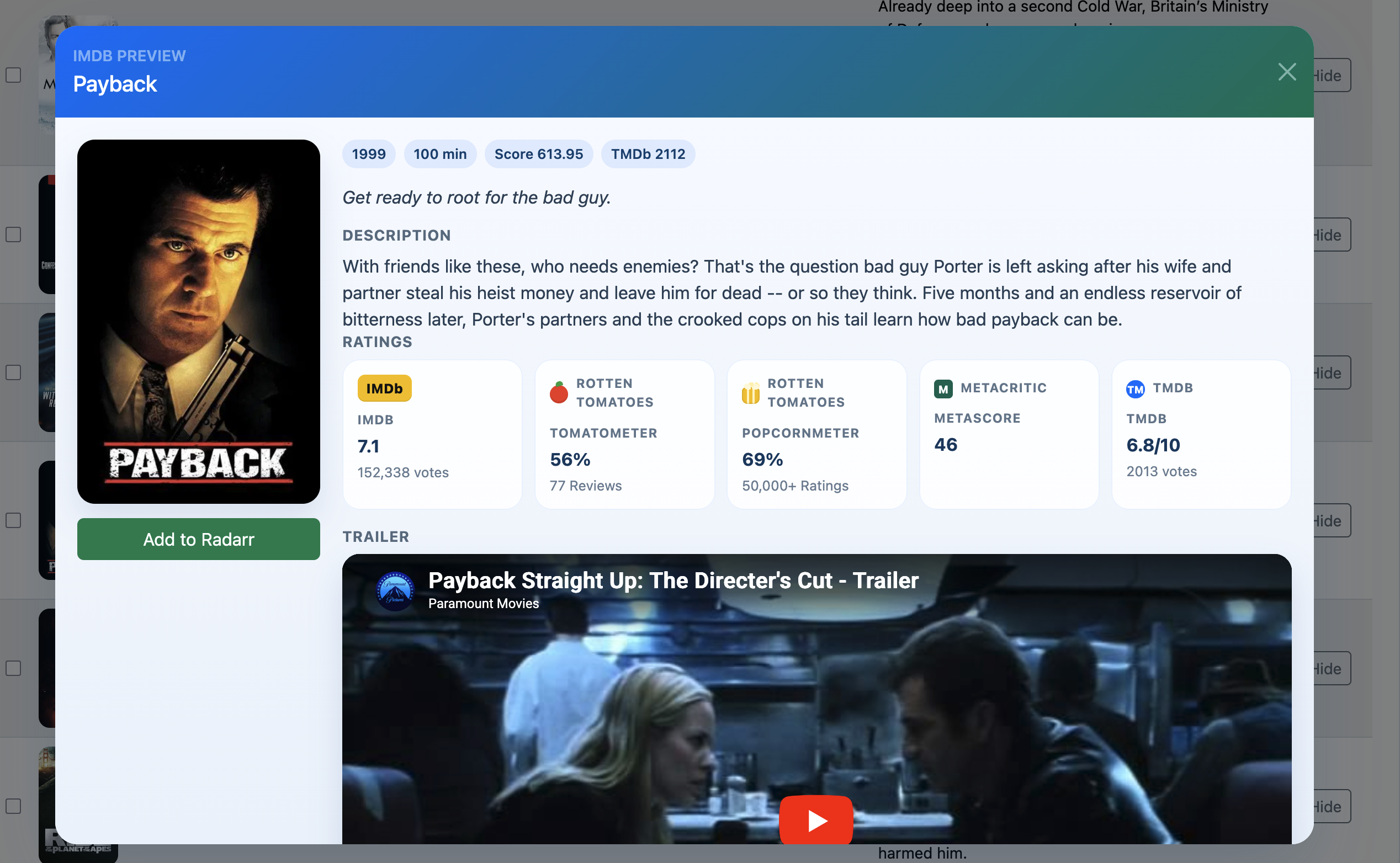 ReelAI IMDb preview modal for Payback with ratings from IMDb, Rotten Tomatoes, Metacritic, and TMDb.