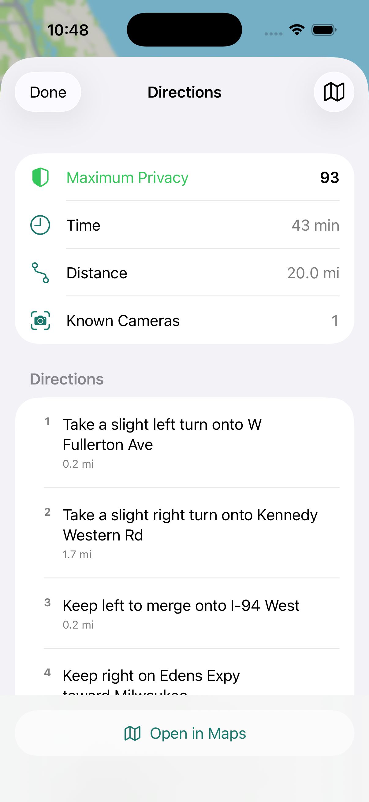 RouteVeil directions screen with maximum privacy score, route details, and turn-by-turn steps.