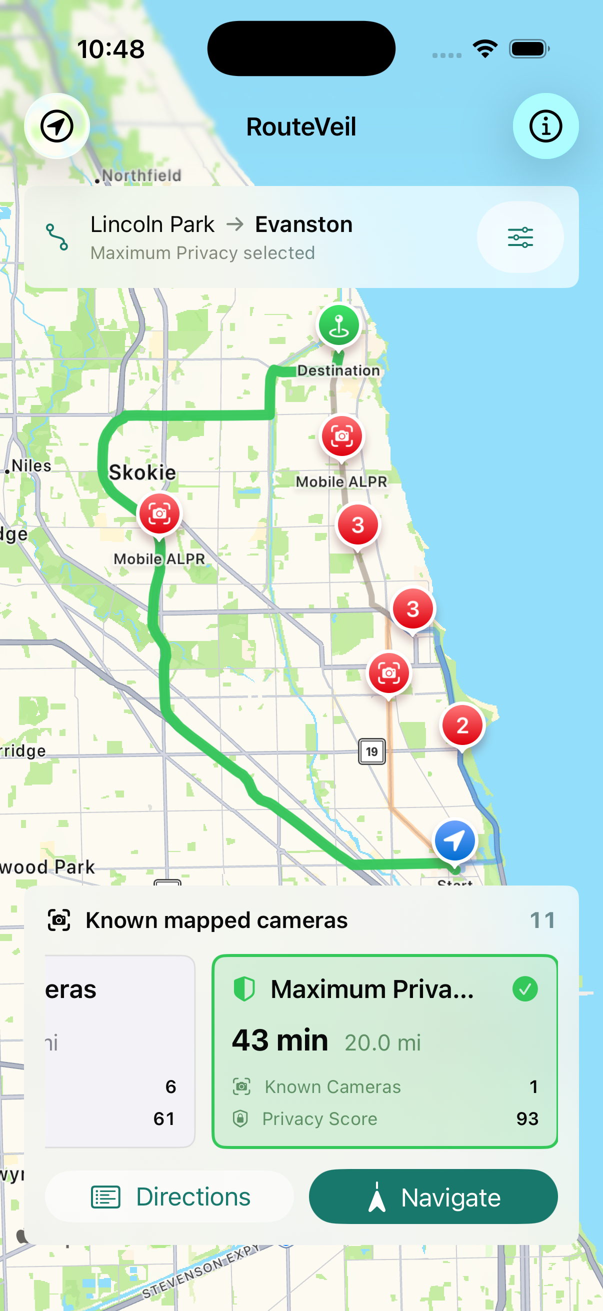 RouteVeil route comparison map from Lincoln Park to Evanston with camera markers and a maximum privacy route card.
