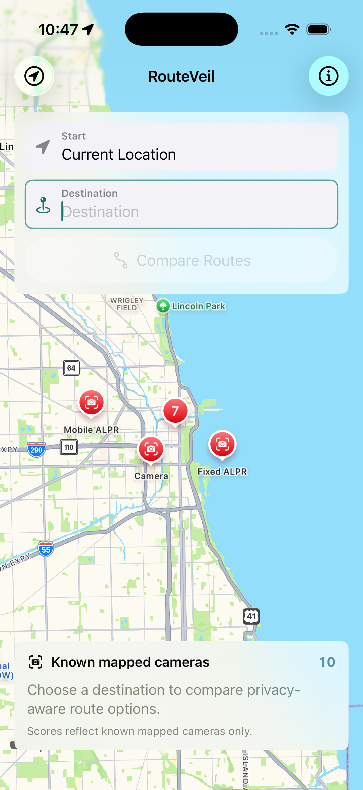 RouteVeil destination entry screen over a Chicago map with known mapped camera counts.