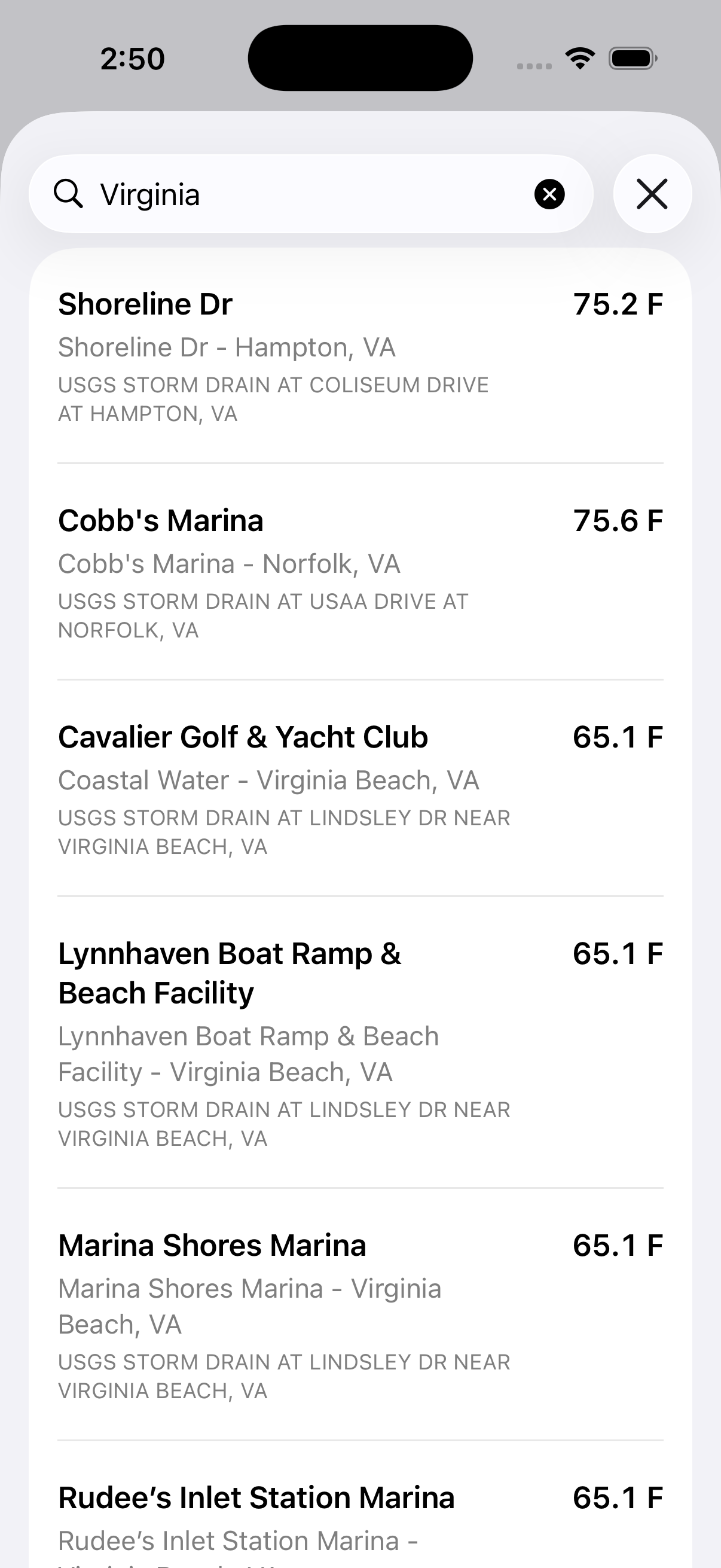 ShoreTemp iPhone search results for Virginia water locations.
