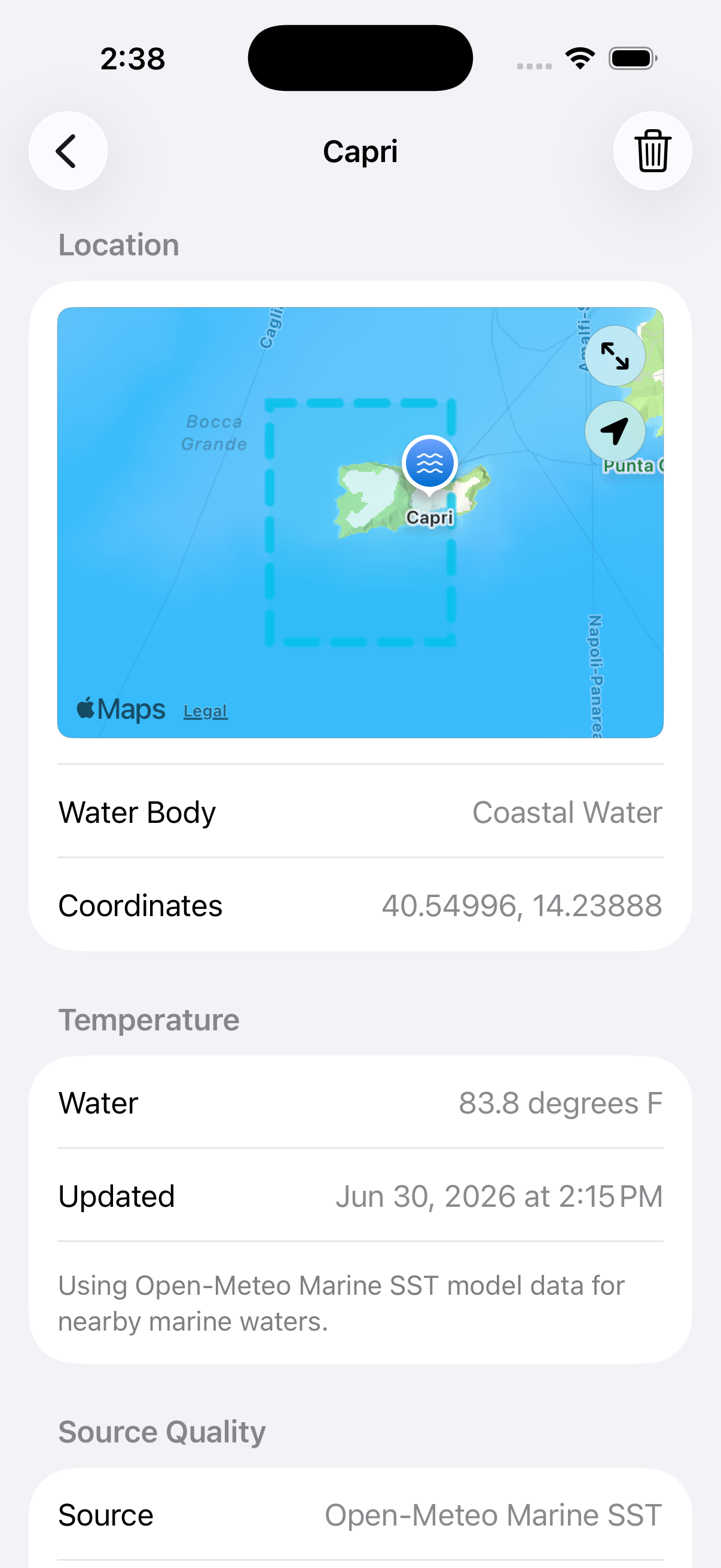 ShoreTemp iPhone location detail showing Capri water temperature, map, water body, coordinates, and source quality.