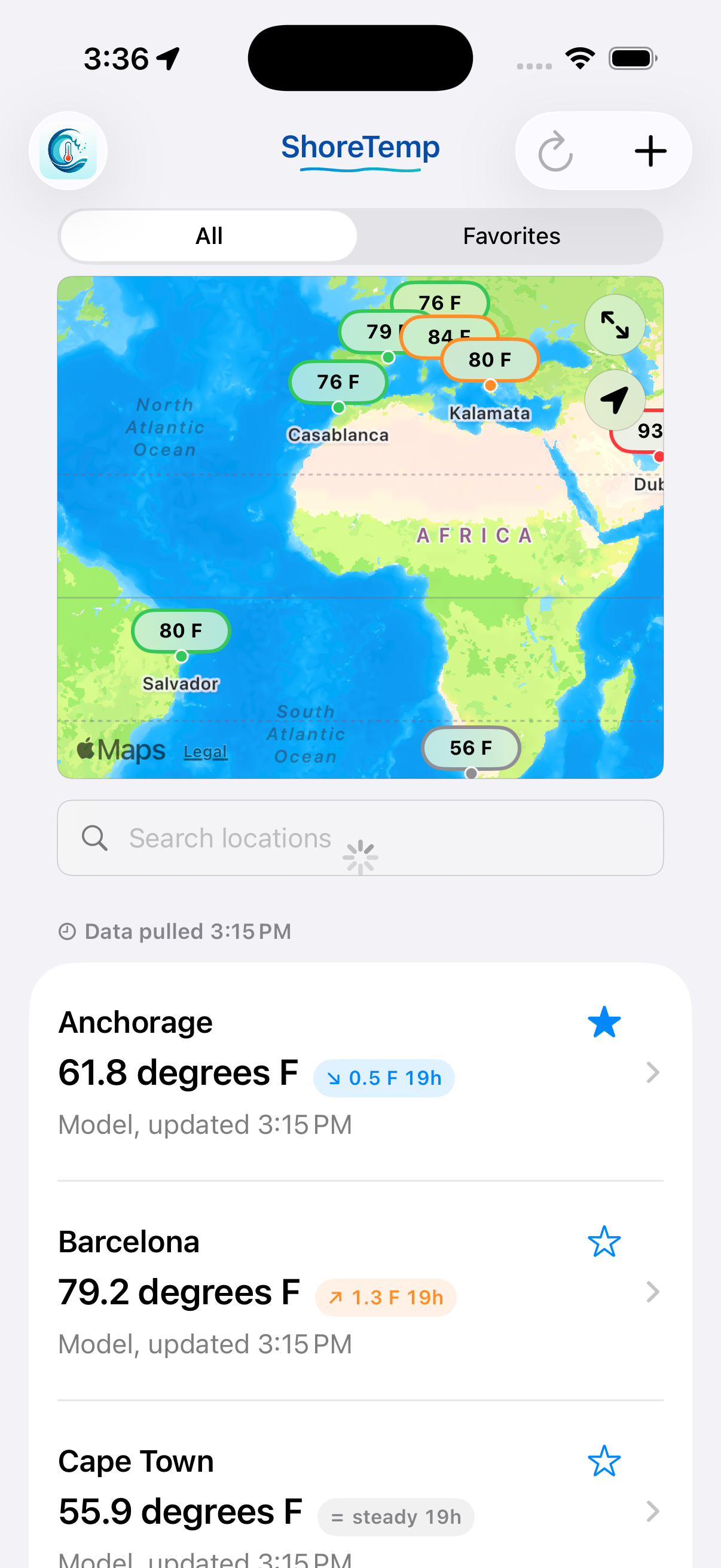 ShoreTemp iPhone all locations list with map markers, trend chips, and saved water locations.
