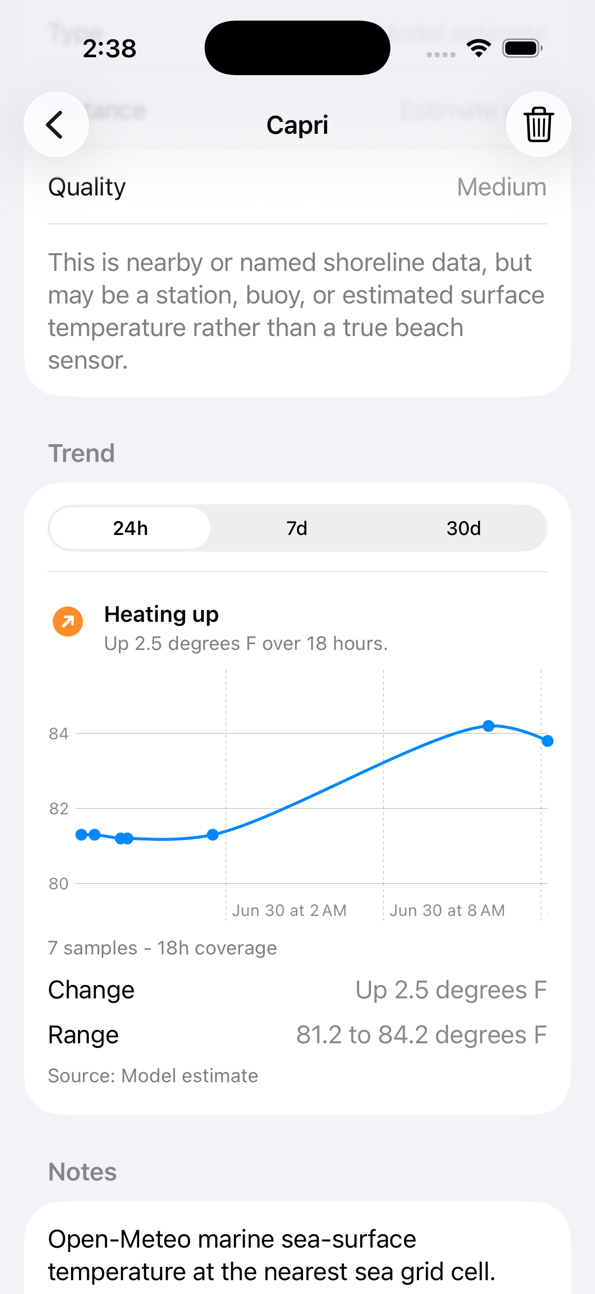 ShoreTemp iPhone trend chart showing Capri heating up over 18 hours.