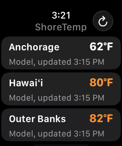 ShoreTemp Apple Watch list showing Anchorage, Hawai'i, and Outer Banks water temperatures.