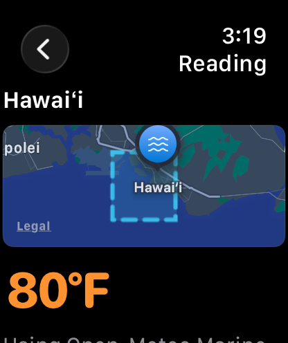 ShoreTemp Apple Watch Hawai'i reading detail with map context and current temperature.